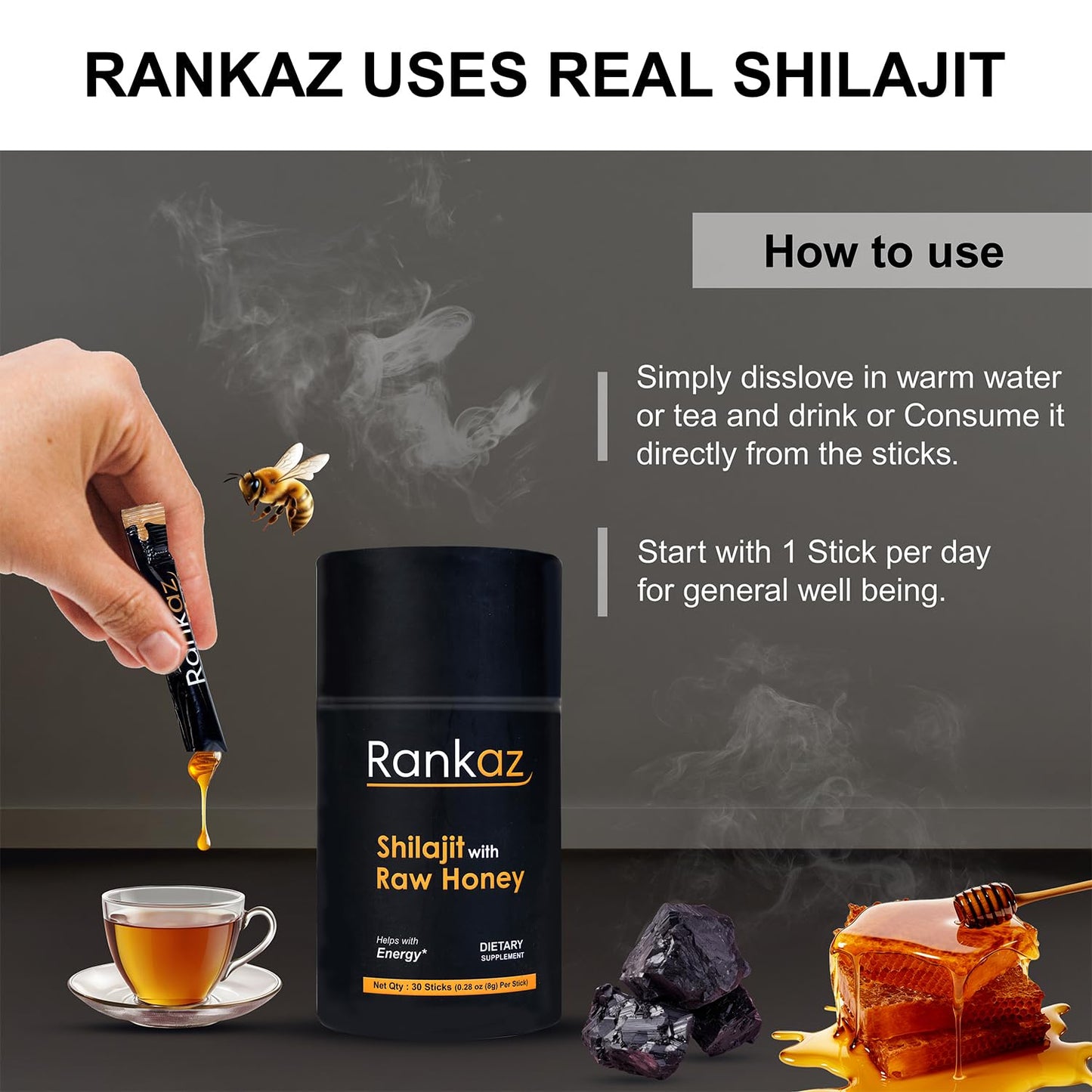 Rankaz Natural Shilajit Honey Sticks Organic - 30 Sticks, Shilajit Honey Fulvic Acid and Trace Minerals